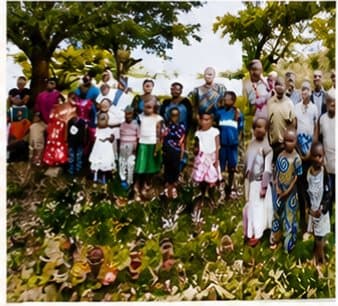 Children and adults gathered together outdoors for a community activity