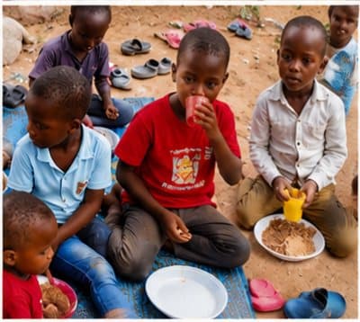 Children seated together outdoors with bowls of food